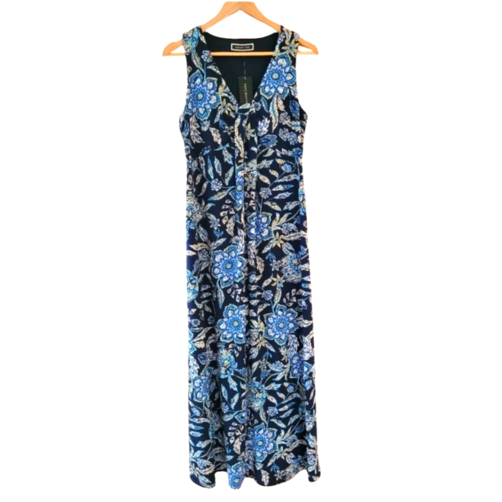 NWT Maxi Dress Floral Print Blue Black Ruched Sheath Melanie Lyne Boho